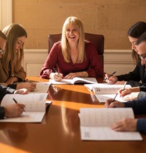 Profissional de Feng Shui Cláudia Machado de Castro em sessão de consultoria com clientes, ambiente de trabalho de alta energia, exemplo de estilo e harmonia na orientação feng shui em Portugal.