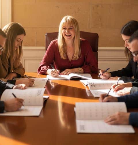 Profissional de Feng Shui Cláudia Machado de Castro em sessão de consultoria com clientes, ambiente de trabalho de alta energia, exemplo de estilo e harmonia na orientação feng shui em Portugal.