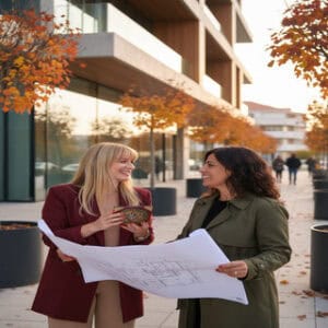 Profissionais de Feng Shui em Portugal discutem projetos com mapas e plantas, no exterior, mostrando expertise em harmonização de espaços.
