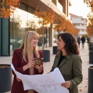 1. Duas mulheres a discutir Feng Shui ao ar livre numa rua com árvores de outono e edifícios modernos ao fundo.