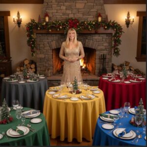 1. Mulher sorridente na decoração natalícia do Feng Shui Portugal com mesa preparada para festa, em frente a lareira decorada com guirlandas e velas, ambiente acolhedor e elegante.