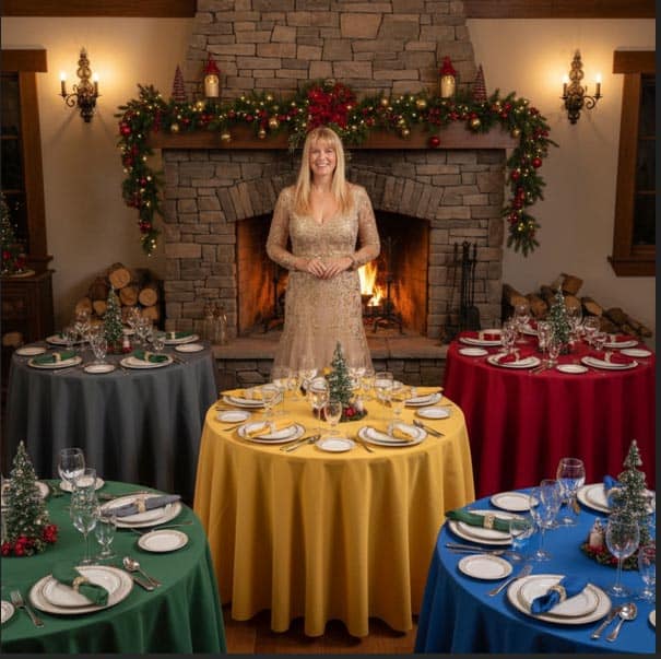 1. Mulher sorridente na decoração natalícia do Feng Shui Portugal com mesa preparada para festa, em frente a lareira decorada com guirlandas e velas, ambiente acolhedor e elegante.