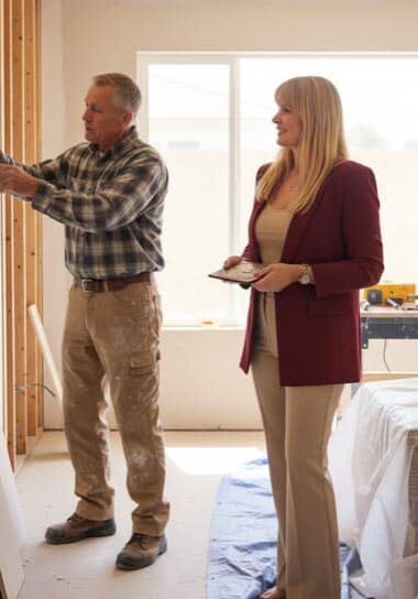 Profissional de Feng Shui explicando projeto para cliente durante avaliação de espaço, com ferramentas e planos ao lado, em ambiente bem iluminado.